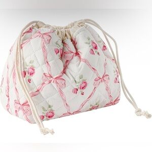 Floral Bow Quilted Drawstring Makeup Bag - Pink & White